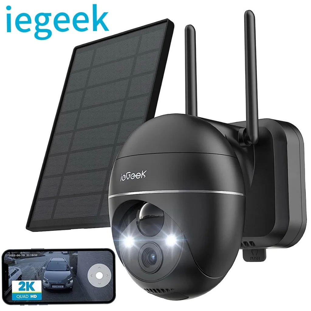 IeGeek 5MP Außenüberwachungskamera mit Akku, PTZ-Überwachungskamera für den Außenbereich WLAN mit Solarpanel, PIR-Bewegungsmelder, 2,4G