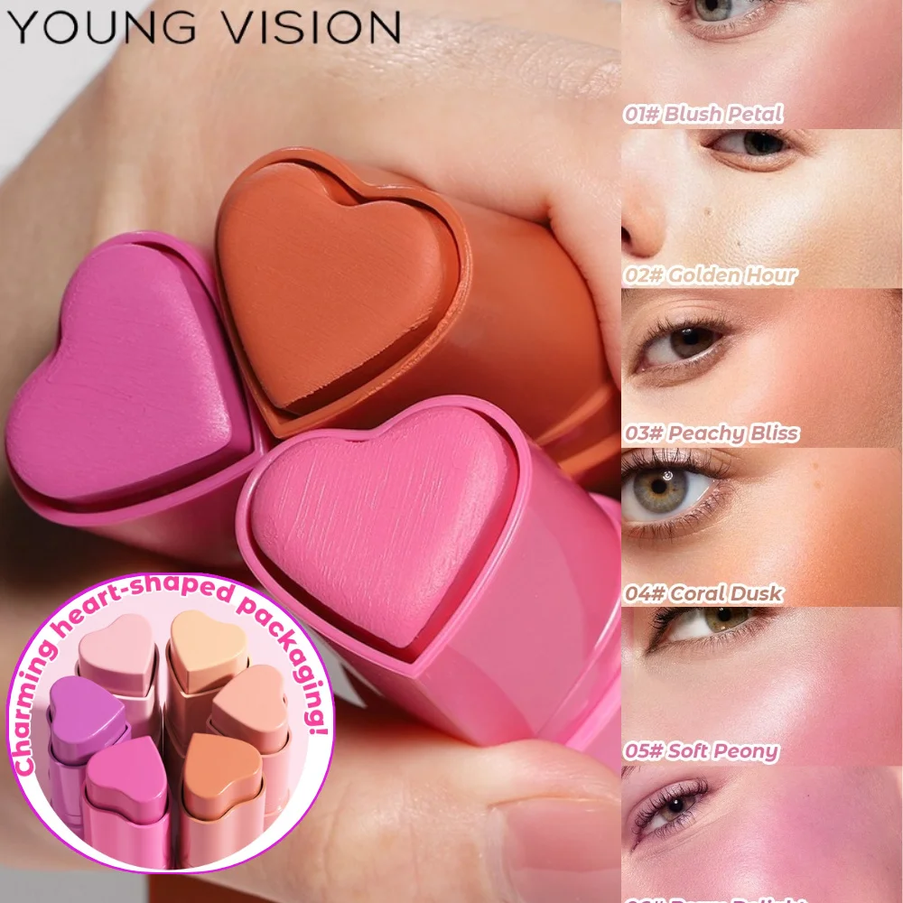 YOUNG VISION 6-Farben Matte Heart Blush, Contour Stick, Face Sculpting Mousse Blush und Lippenstift 3-in-1, Geschenk 1 Stück Make-up-Pinsel Image