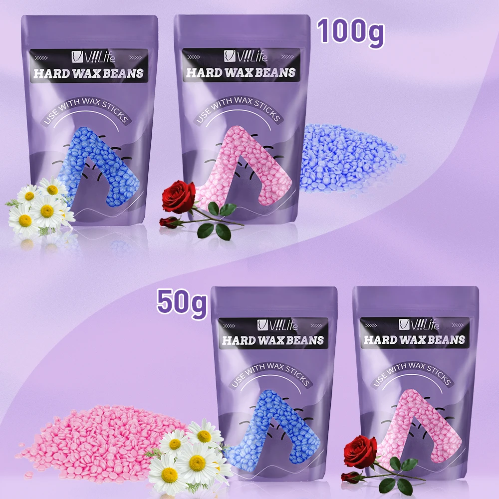 Viilife 50 g/100 g Heißwachs-Haarentfernung, Enthaarungswachs, Wachsbohnen für Wachsheizung, schmerzlos, zum Entfernen aller Haaren, Bohnen Image