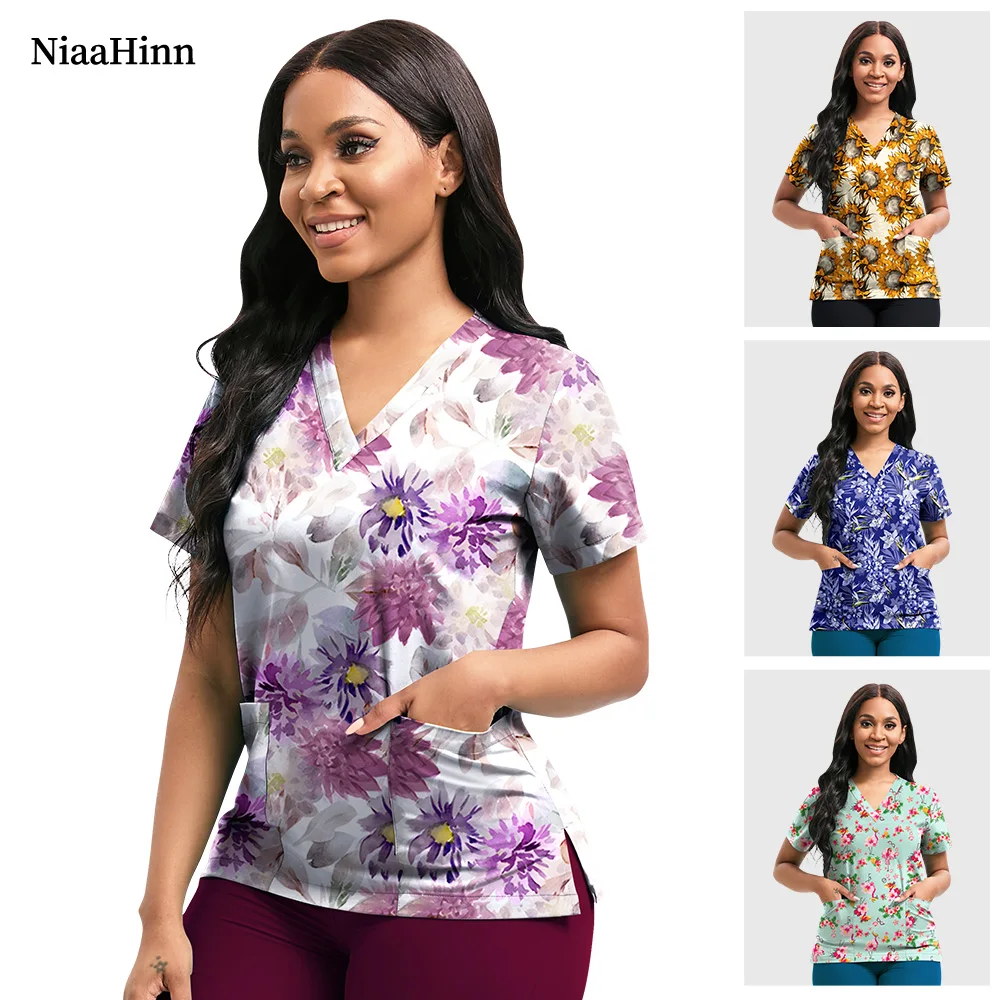 Krankenhaus Krankenschwester Uniformen Frauen Medizinische Uniform Drucken Peeling Top Baumwolle Zahnklinik Arbeitskleidung Herren Scrubs Kurzarm Jacke Image