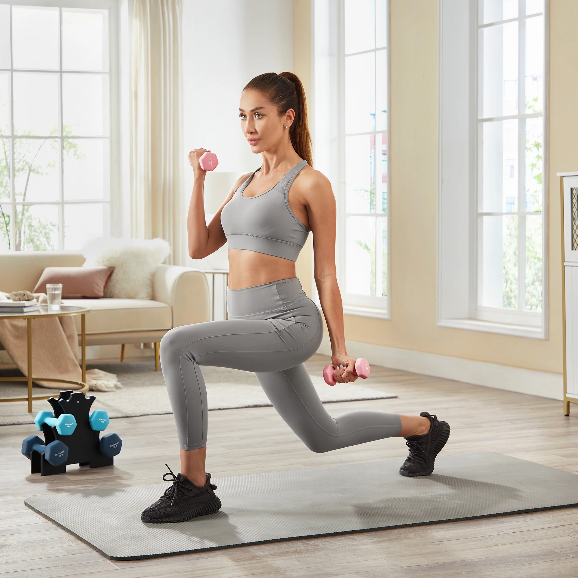 SONGMICS Kurzhantel Set, Hanteln, Hexagon, mit Hantelständer, 2 x 1 kg, 2 x 2 kg, 2 x 3 kg, limettengrün, aquamarin, grau