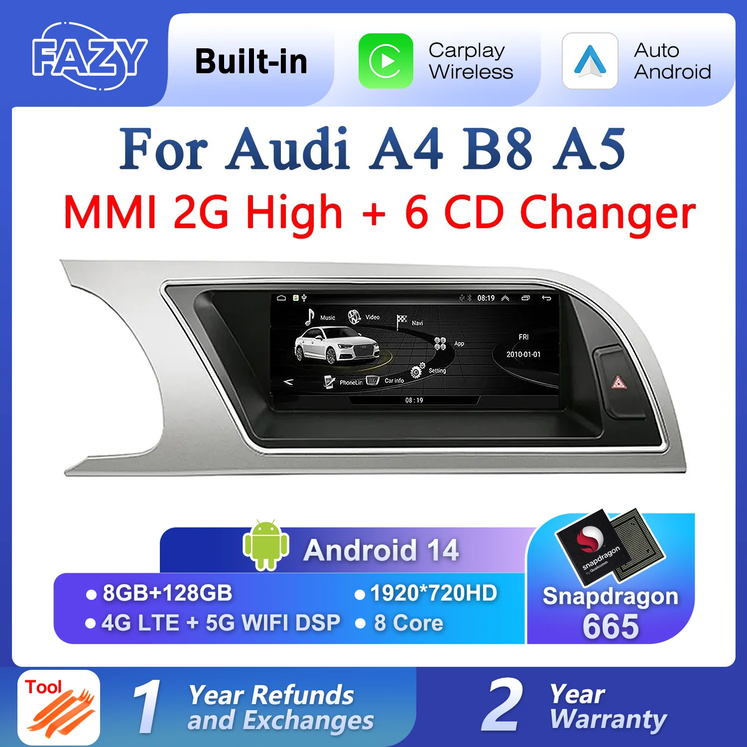 Android 14 System Auto-Multimedia-Bildschirm-Player für Audi A4 B8 A5 2008 2009 2010 MMI 2G High CD-Wechsler GPS Navi Google Carplay Image