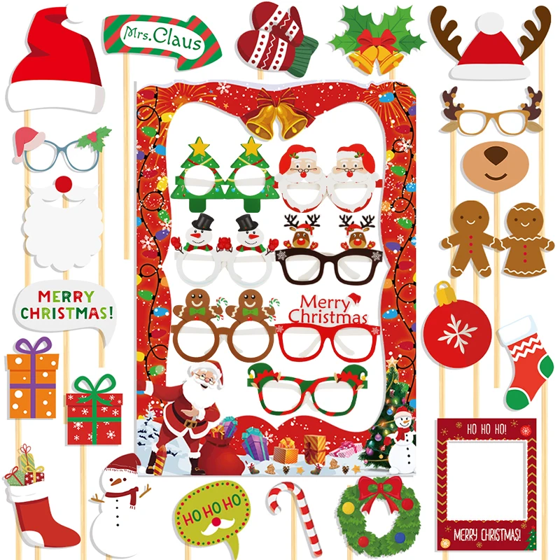 Frohe Weihnachten Foto kabine Requisiten Santa Claus Schneemann Elch Papier Brille Foto kabine Prop Rahmen Weihnachten Selfie Requisiten liefert Image