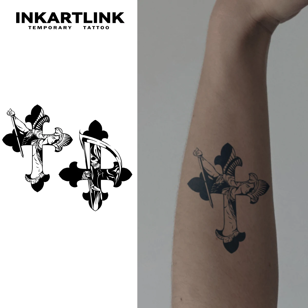 INKERTLINK Kreuz-Tattoo-Aufkleber – schwarz-weiße temporäre Tattoos auf Armen/Beinen – wasserfeste Fake-Tattoos Image
