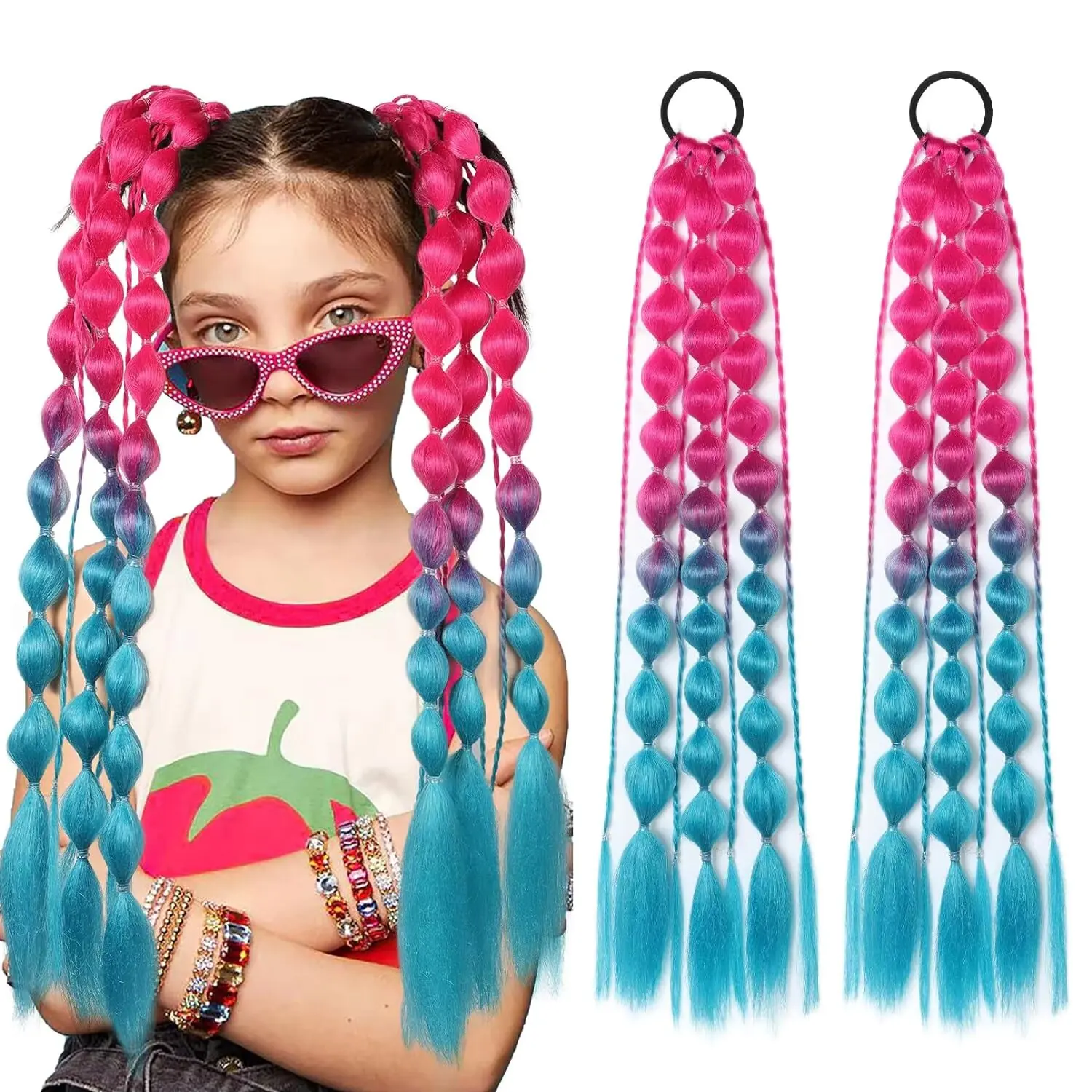 Synthetische 2-teilige farbige Haarverlängerungen für Kinder, Frauen, Mädchen, Blasen-Pferdeschwanz mit Haargummi, Ombre Crazy Hair Day-Accessoires Image