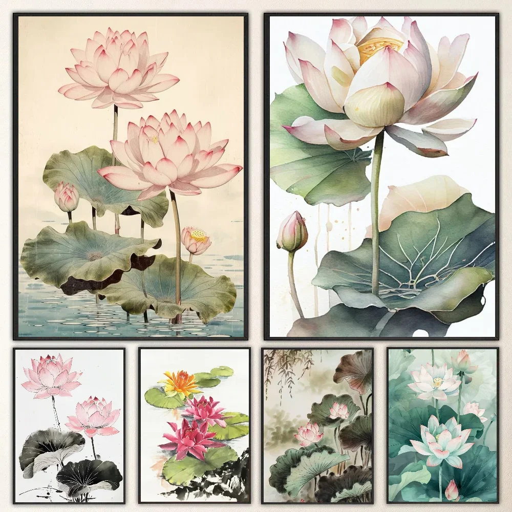 1pc Vintage Aquarell Lotus Chinesische Leinwand Gemälde Blume Poster Selbst-klebe Kunst Wasserdichte Papier Aufkleber Wand Dekor Image