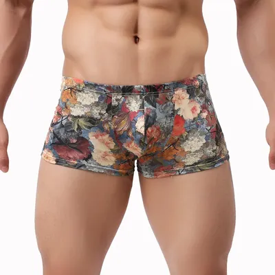 Mann Retro Stil Atmungsaktive Milch Seide Boxer Shorts Klassischen Blumenmuster Sexy Engen Männlichen Unterwäsche Niedrige Taille Boxer Unterhose Image