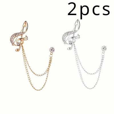 TEMU 2pcs Elegant Copper Music Note Brooch Set, Treble Clef Design With Accents And Chain Tassel, Suitable For Men's Suits And Shirts, Ideal For Christmas, New Year, Valentine's Day Gifts