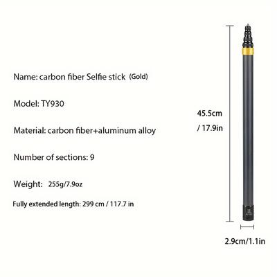 TEMU Ty930 Extendable Carbon Fiber Selfie Stick, 9-section Telescopic Pole For Action Cameras, Compatible With , 299 Cm Max Length, Handheld Monopod Accessory