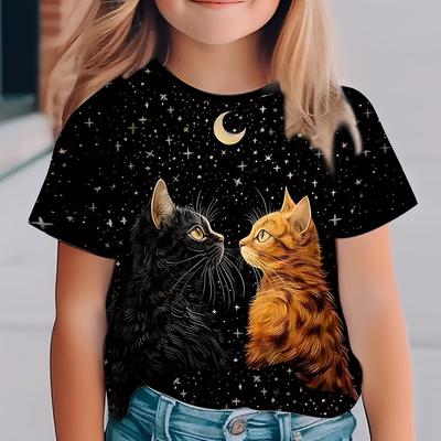 TEMU Girls/boys Trendy 3d Moon & Cat Print Short Sleeve T-shirt Breathable Comfy Pullover Tops Summer Clothes