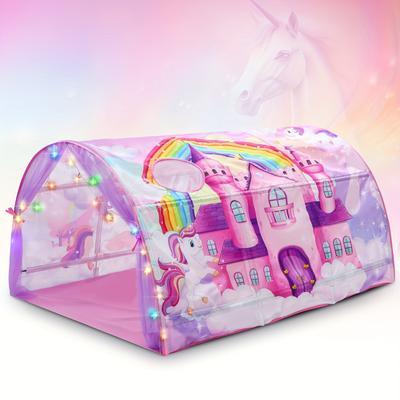 TEMU Unicorn Bed Tent For Large Princess Bed Tent Twin For Girl, Unicorn Princess Playhouse Foldable Sleeping Tent With String Lights Carry Bag For Indoor Gift Christmas Gift