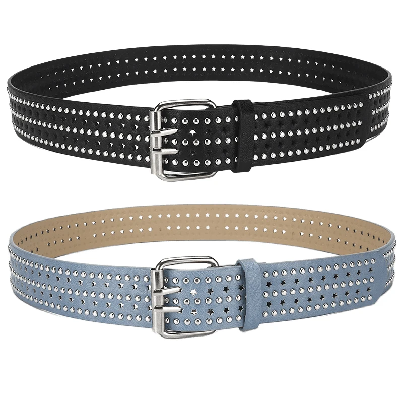 Punk Nieten Damen Schwarzer Gürtel Persönlichkeit Hip-Hop Trendy Y2k Mädchen Accessoires Gürtel Doppeldornschließe Retro Blauer Bund