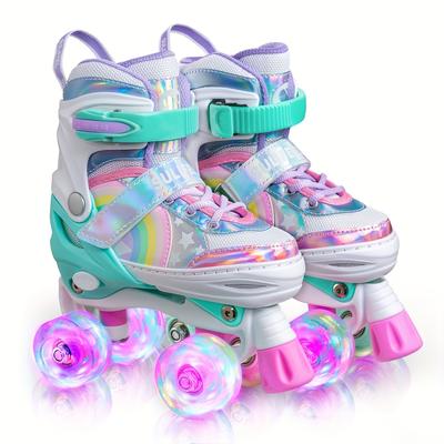 TEMU Rainbow Unicorn 4 Size Adjustable Light Up Roller Skates For Girls Boys, The Best Christmas Gift For Children's Outdoor Activities