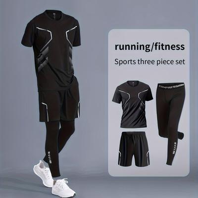 TEMU 3pcs Set Of Men's Printed Pattern Quick-drying Sports Wear: Short-sleeved T-shirt + Breathable Shorts + High-elastic Tights Suitable For Basketball, Fitness, Running And Cycling