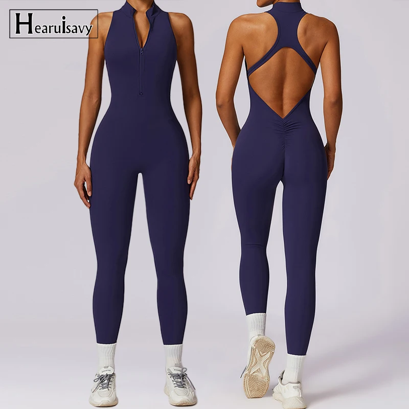 V Zurück einteiliges Anzug Frauen Sport Overall Reißverschlüsse Yoga Strampler Backless Sportswear Frauen Sleeveles Workout Bodys Weibliche sportkleding dames trainingsanzug damen fitness kleidung Image