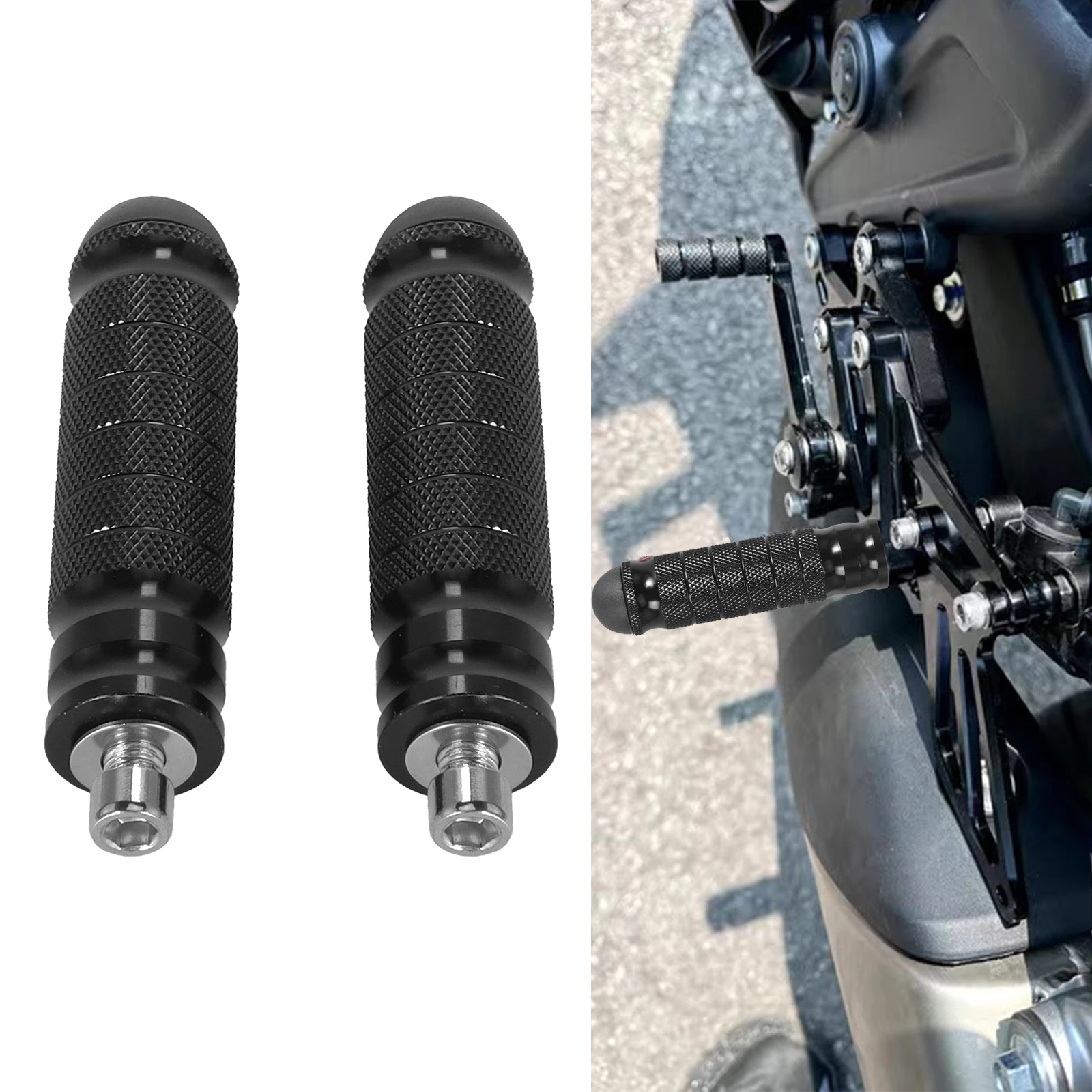 2PCS Universal CNC Aluminium Motorrad Hinten Fußrasten Gewinde Hinten Set Pedale Fußrasten Motorrad Fußrastenanlage Fußstützen Schwarz Image