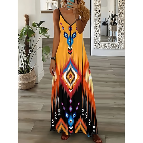 Damen Maxidress Casual kleid A Linie Kleid skims dress Böhmen Urlaub Vintage Urlaub Täglich Regular Fit Geometrisch Ärmellos V Ausschnitt Orange Sommer Image