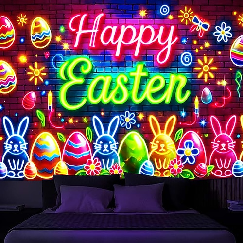 Eier Schwarzlicht-Tapete Leuchten im Dunkeln Glow Party UV reaktiv Hase Kaninchen trippy neblige Natur Landschaft hängende Tapete Wandkunst Wandmalerei für Wohnzimmer Schlafzimmer Image