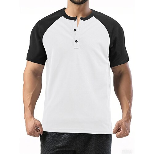 Herren T-Shirt mit Knöpfen T Shirt Henley Hemd T-Shirt Kurzarm Henley Sommer Farbblock Mode Designer Basic Patchwork Urlaub Straße Ausgehen Weiß Wein Kamel Top T-Shirt für Herren Image