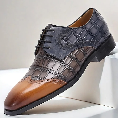 Oxford-Schuhe für Herren aus hochwertigem Rindsleder mit Krokodilprägung und Brogue-Details – Farbblock in Braun und Schwarz für formelle und geschäftliche Anlässe Image