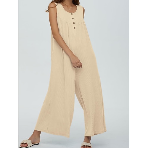 Damen Normal Jumpsuit Aktiv Feste Farbe Ärmellos U-Ausschnitt Knopf Tasche Urlaub Täglich Regular Fit Schwarz Marineblau Blau Sommer Image