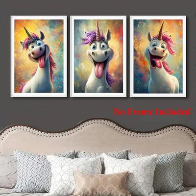 TEMU 3pcs/set Unframed Funny Unicorn Wall Art Decor, 16x24inch, Polyester Fiber, Waterproof Canvas, For Living Room, Bedroom, Perfect Gift, 2d