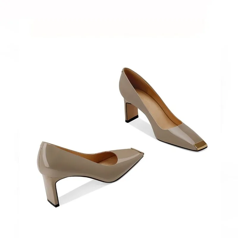 Square Head Patent Leather Thick Heel Ladies Pumps High Heel Women woking Safety Shoes Sexy Four Season Nude Single Office Shoes