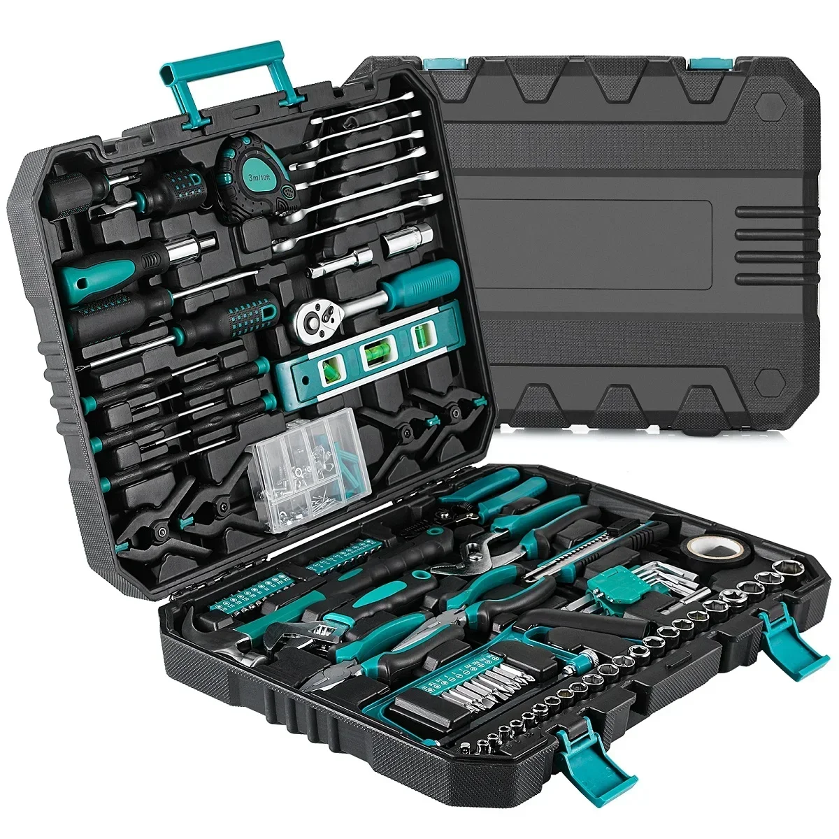 Kit d'outils de réparation automobile domestique 198 pièces, boîte à outils en plastique clé avec ensemble d'outils manuels ménagers généraux avec boîte à outils en plastique mallette de rangement