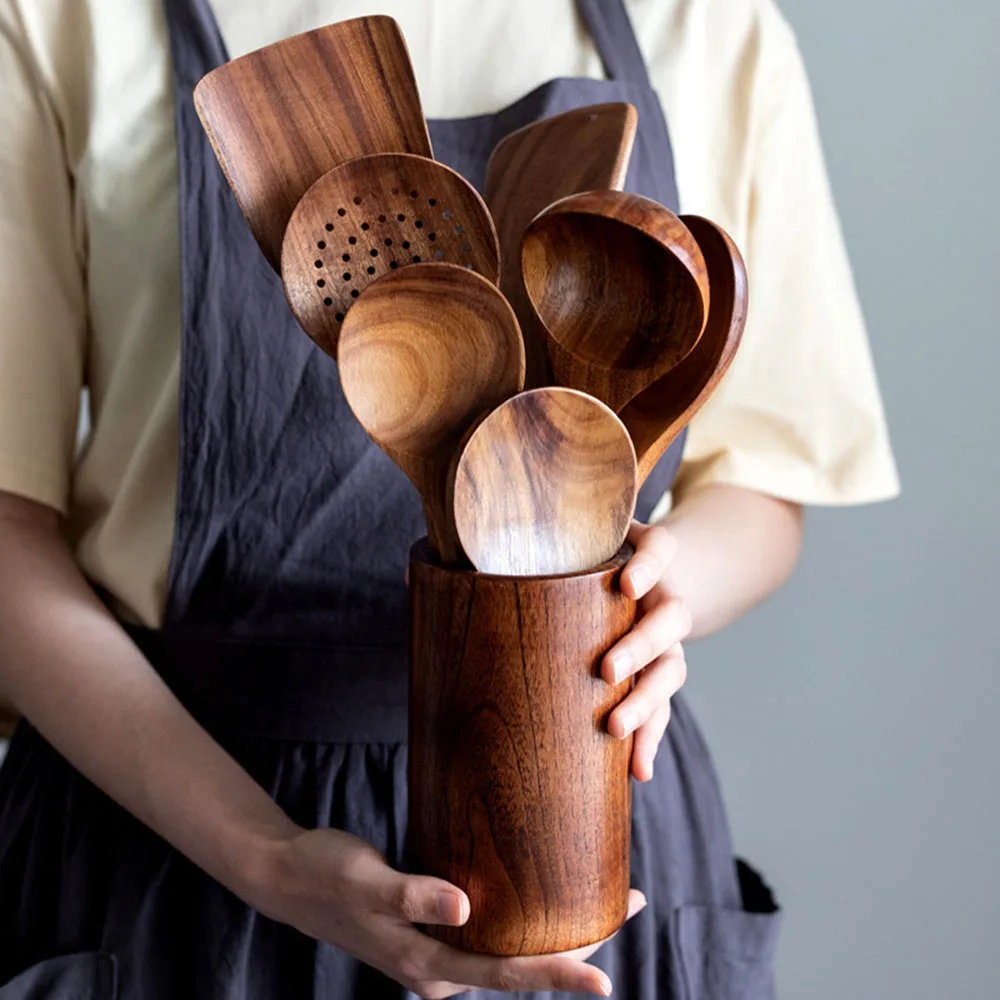 Pelles de cuisine en bois F2, cuillère, passoire, ensemble d'ustensiles de cuisine, couverts ménagers, teck T1, ustensiles de cuisine en bois naturel