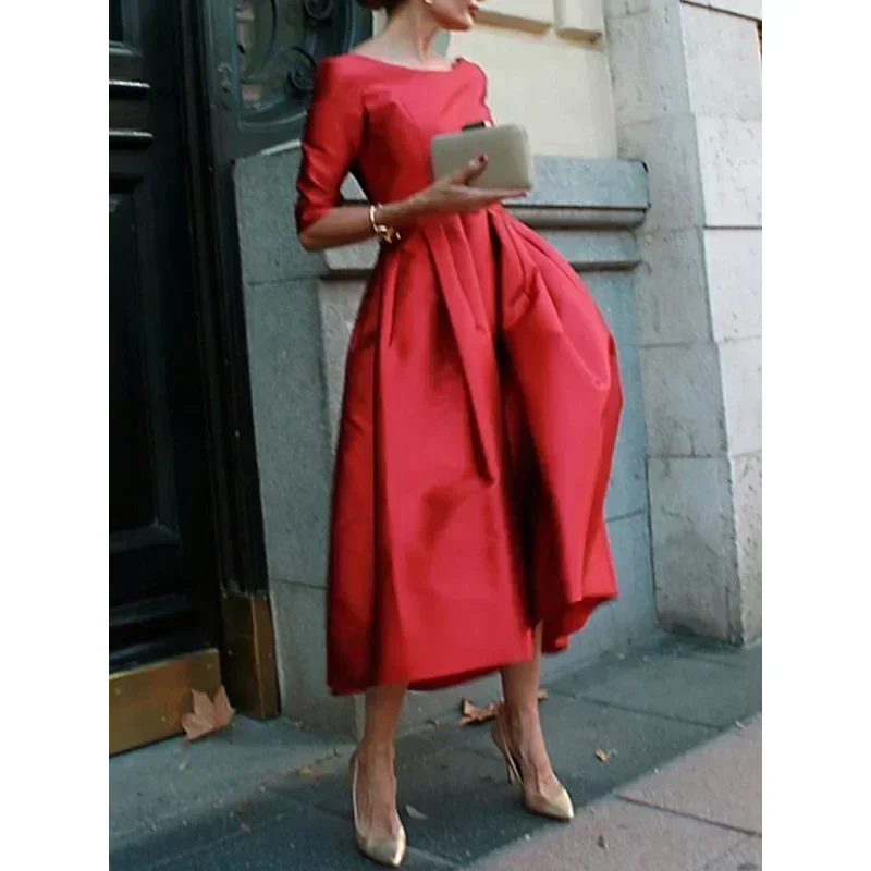 Modigirl femmes a-ligne robes à manches longues demi manches col rond plissé élégant classique soirée noël robes mi-longues