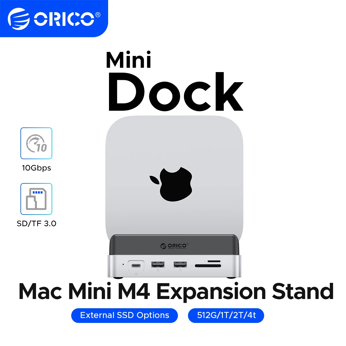 ORICO MiniDock Dock Expansion Dock USB3.2 Gen2 Type C Dock Station avec 512G 1T 2 T 4T M.2 SSD pour Mac Mini M4/M4 Pro Stockage et Stand