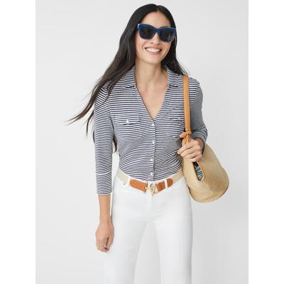 J.McLaughlin Women's Brynn Linen Shirt in Stripe Navy/White, Size Medium | Linen/Spandex