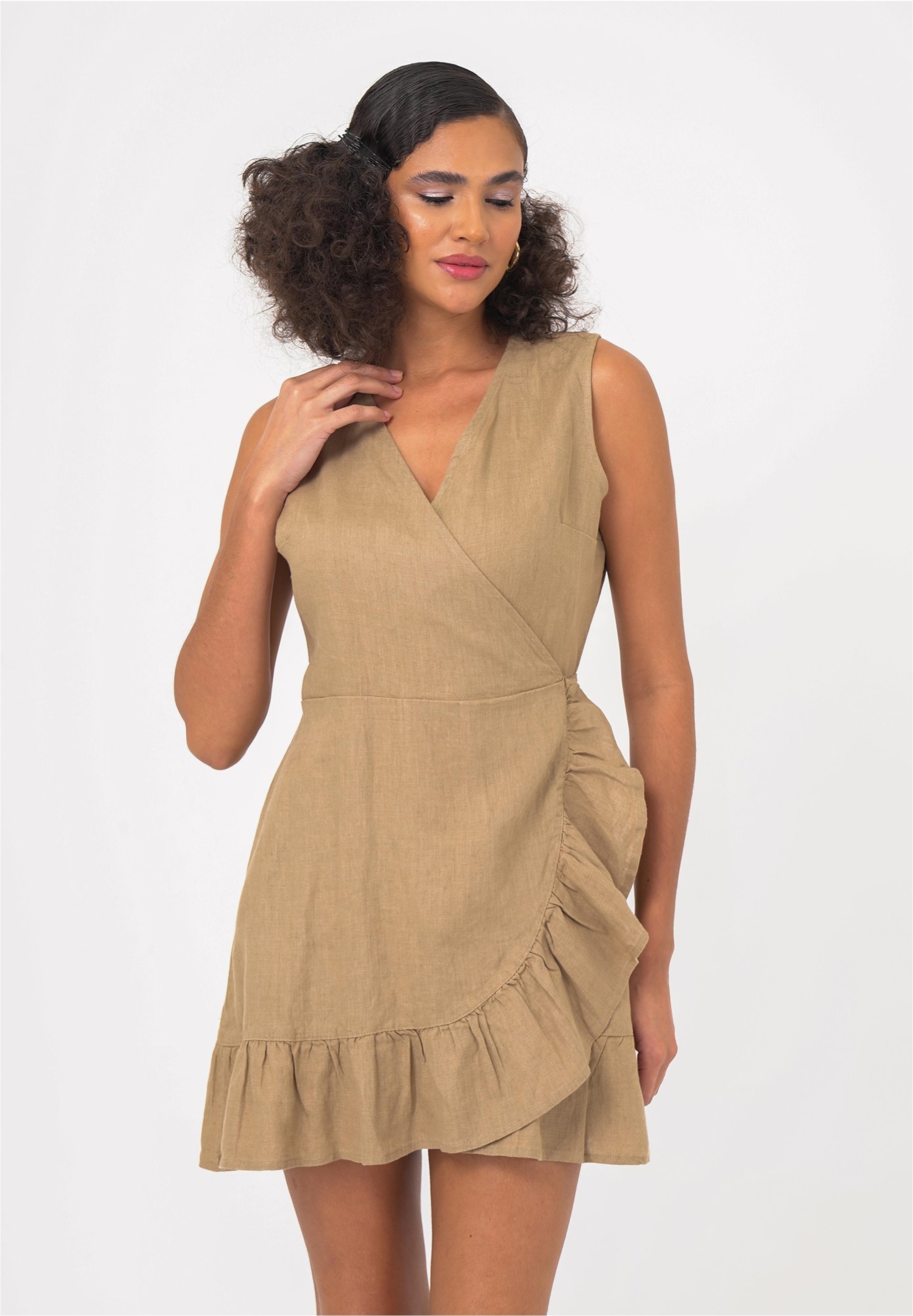 Jerseykleid FRESHLIONS "Mailinda", Damen, Gr. M, EURO-Größen, braun, 100% Leinen, unifarben, kurz, V-Ausschnitt, Kleider Jerseykleid, im eleganten Wickel-Design Image