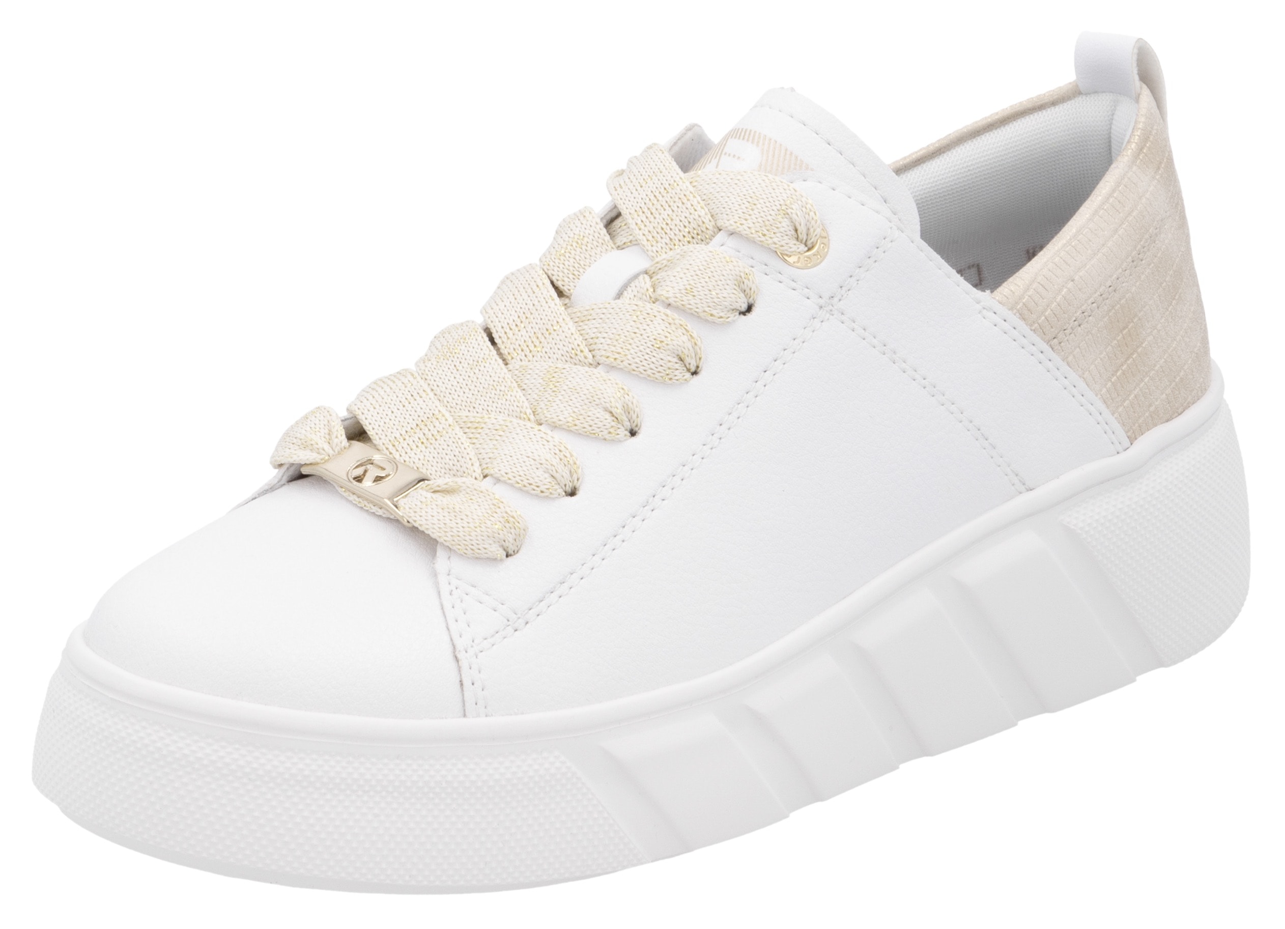 Plateausneaker RIEKER SPORT, Damen, Gr. 38, beige (weiß, hellbeige), Leder, Lederimitat, kontrastfarbene Details, Schuhe Plateausneaker, Schnürschuh, Halbschuh, Freizeitsneaker mit Soft-Einlage