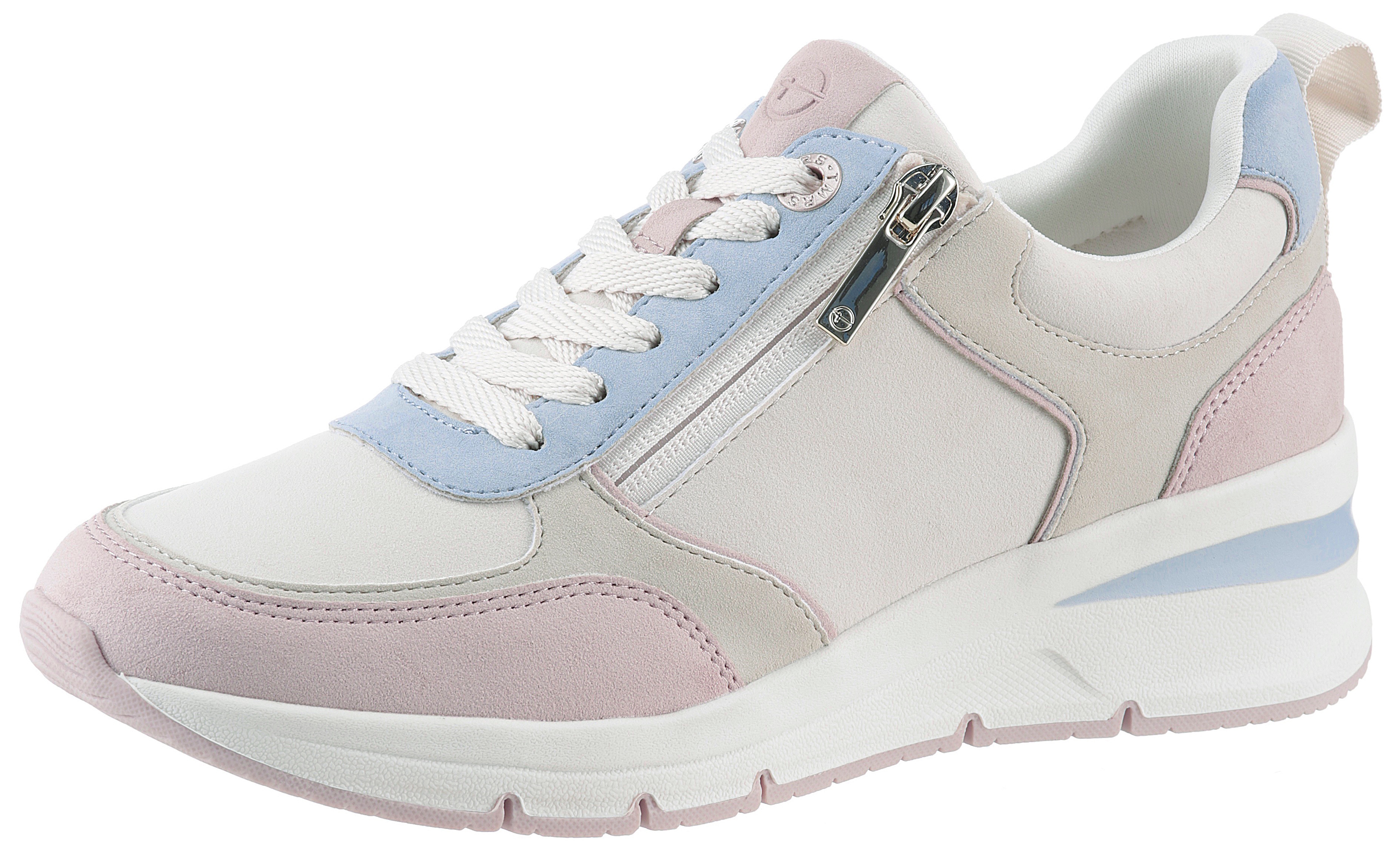 Keilsneaker TAMARIS, Damen, Gr. 39, blau (hellblau kombiniert), Lederimitat, unifarben mit Farbeinsätzen, Schuhe, Freizeitschuh, Halbschuh, Schnürschuh mit Außenreißverschluss