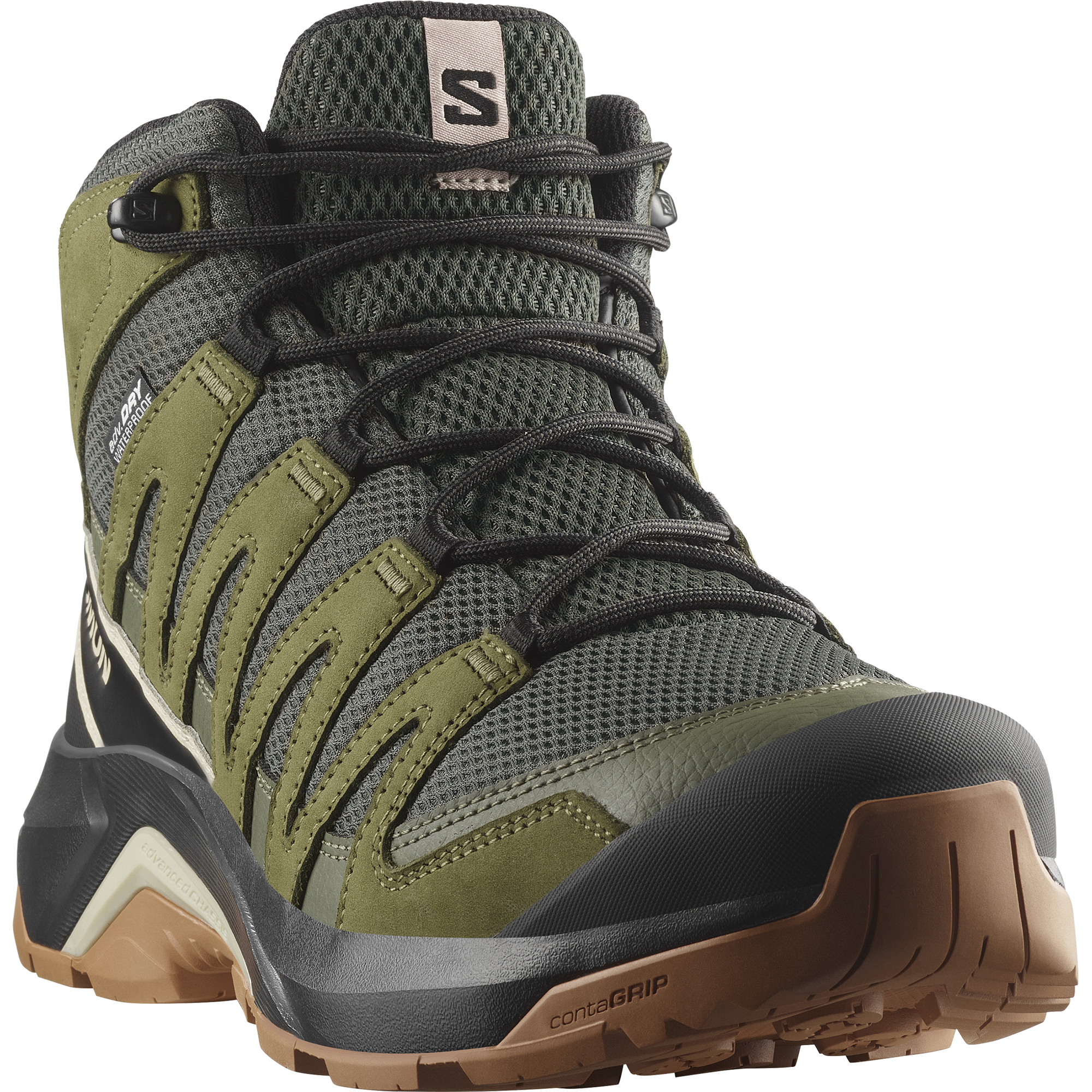Wanderschuh SALOMON "X-ADVENTURE RECON MID GORE-TEX", Herren, Gr. 42, grün (peat, martini olive, oxford tan), Leder, Textil, Schuhe Wanderschuh, wasserdicht
