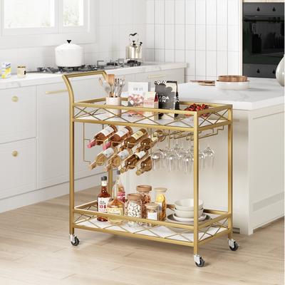 Gold Bar Cart, Bar Carts for The Home, 2 Tier Bar Cart with 4 Wheels and Wood Shelf, Wine Rack & Glass Holder for Kitchen