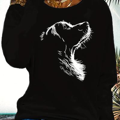 TEMU Women's Casual Long Sleeve Crew Neck T-shirt With Animal Graphic Print - Black Ink Illustration, Regular Fit, Machine Washable, , Relaxed Style, , Durable Construction, Print Shirt, Women Image