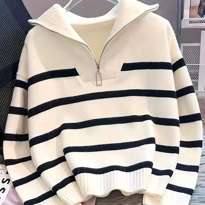 TEMU Women's Casual Striped Zip-up Sweater - Black & White , Soft Fabric With Zipper Front & Lapel Collar, Versatile Pullover For Casual Attire, Cute Sweaters Image