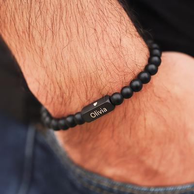 TEMU 1pc Personalized Men's Beaded Bracelet With Name, Fashion Style, Natural Stone, Ideal Christmas Gift For Husband Grandfather, No Pendant Image