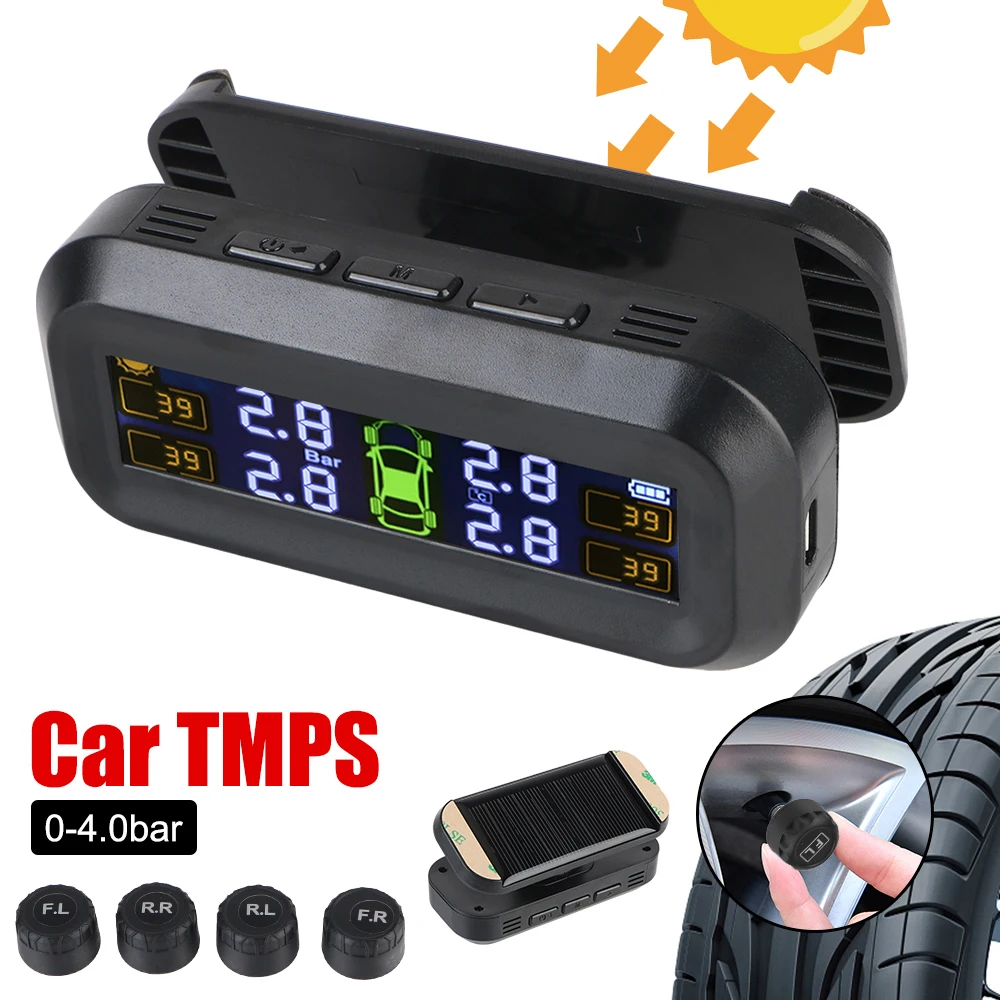 Auto-Reifendruckmessgerät mit 4 externen Sensoren, Solar-TPMS-Temperaturwarnung, kraftstoffsparendes Reifendrucküberwachungssystem Image