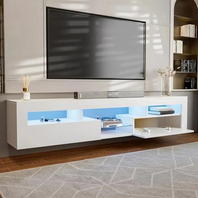 TEMU Led Floating Tv Cabinet For 85-inch And Above Tvs, Black High-gloss Wall-mounted Hinged Tv Cabinet With 2 Cabinets, Modern Floating Entertainment Console For Living Room, Bedroom - Black