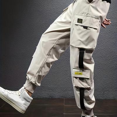 TEMU Men's Casual Techwear Cargo Pants - Lightweight Polyester, Multi- With Drawstring Waist & Cuffs, Machine Washable For Outdoor Activities