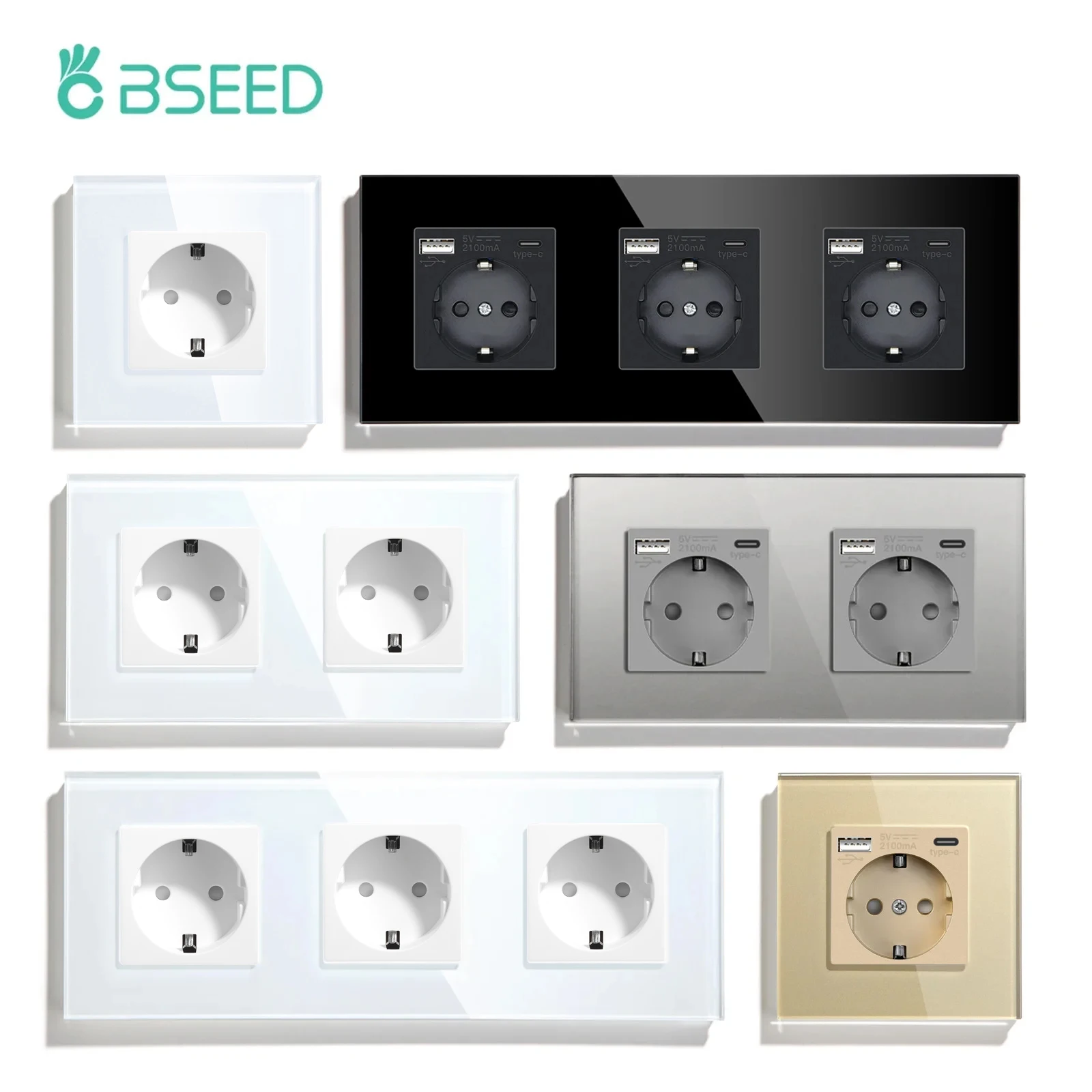BSEED Einzelne Typ-C USB Steckdose Doppelwandige Steckdosen Dreifache Steckdosen Kristallglasrahmen EU Standard 16A Image