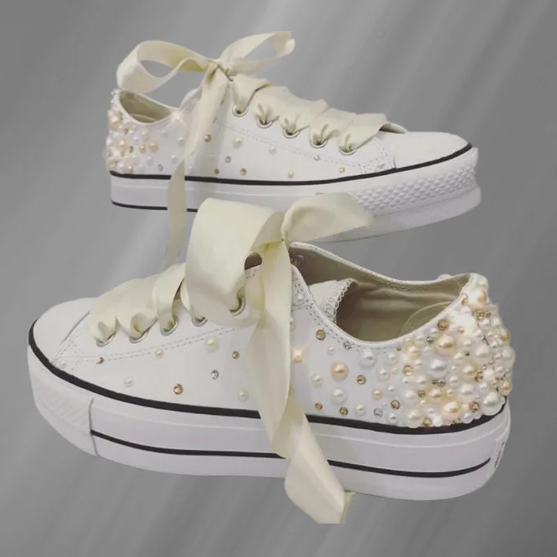 Dicke weiße Perlen-Strasssteine, Hochzeitsfeier, große Segeltuchschuhe, handgefertigt, Low-Top, lässige Sport-Damenschuhe, Größe 35–40