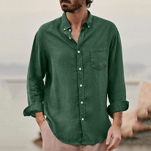 Herren Hemd Lässiges Hemd Knopfhemd Baumwoll-Shirt Glatt Urlaub Strasse Schwarz Braun Grün Grau Langarm Kargen Frühling Bekleidung Tasche Image