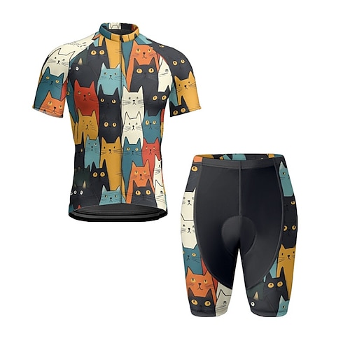 Herren Radtrikot mit Shorts Kurzarm Mountainbike MTB Straßenradsport Sommer Frühling Herbst Marinenblau Königsblau Blau Katze Fahhrad Frontreißverschluss Schweißableitend Bequem Atmungsaktiv Spandex Image