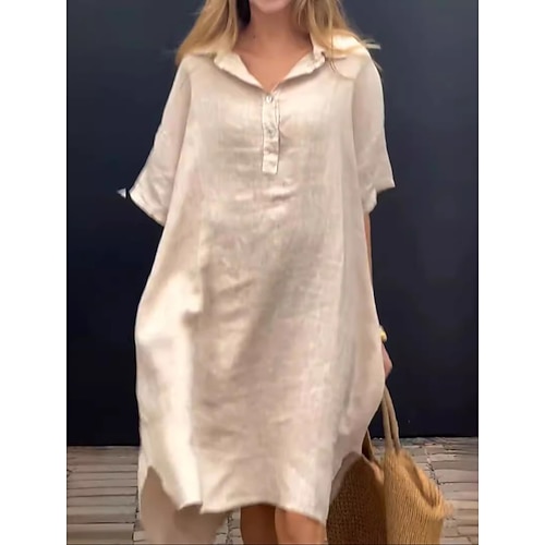 Damen Midikleid Baumwoll Mischung Kaftan Kleid Freizeitkleid Basic Lässig Täglich Urlaub Lässiger Schnitt Einfach Halbarm Hemdkragen Blau Gelb Rosa Khaki Sommer Frühling Herbst Image
