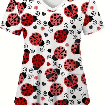 TEMU Cute Flying Bug Print Scrubs Top, Health Care Short Sleeve V-neck Dual Pockets Scrub For Doctor, Nurse, Physician, Dentist, Women's Work Clothing