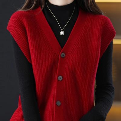 TEMU Elegant V-neck Knit Sweater Vest For Women, Polyester Blend Sleeveless Cardigan, Solid Color, With Button Detail, For Spring/fall